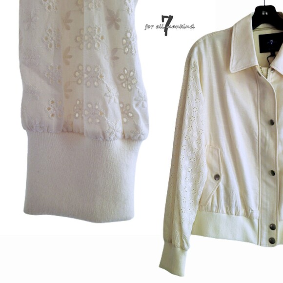 7 for ALL MANKIND NEW Romantic Eyelet Sleeves Zip Flap Pocket Bomber Jacket S - Picture 3 of 12